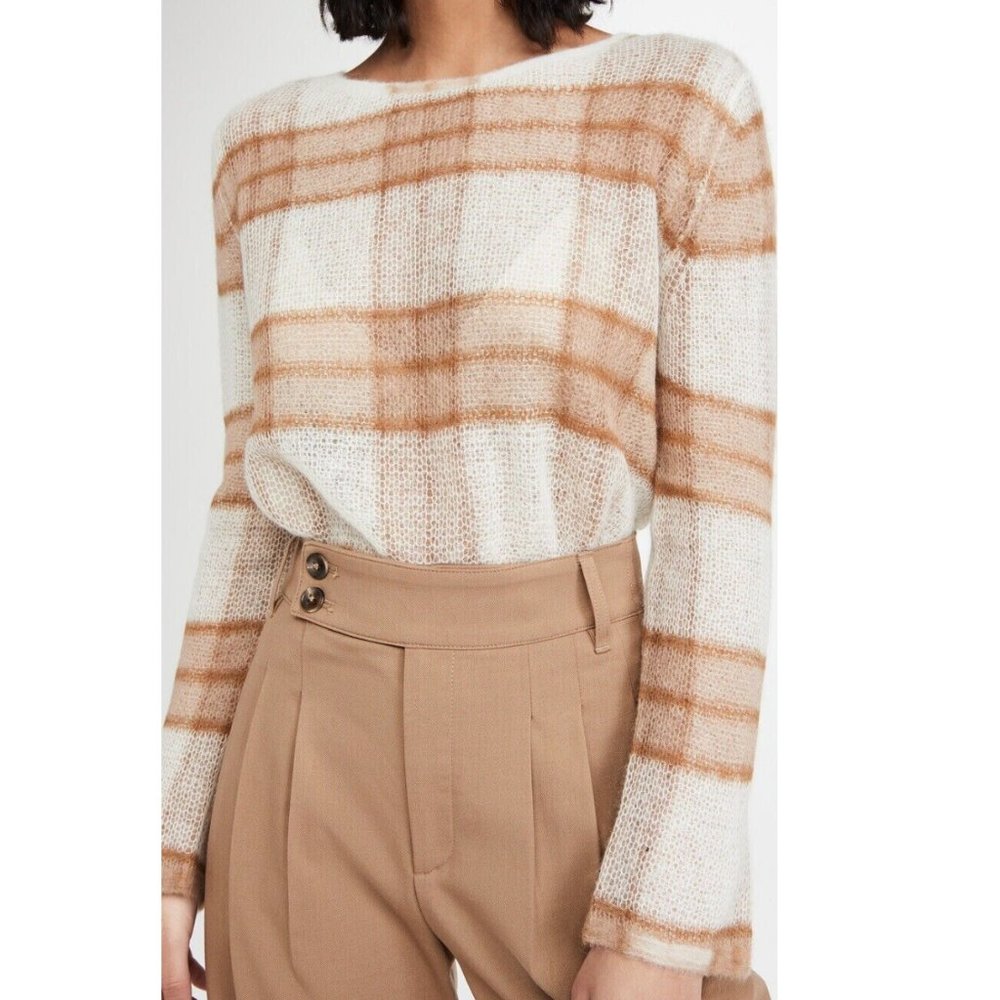 Vince Brown Beige Cream Brushed Checked Super Soft Alpaca Knit Sweater XS